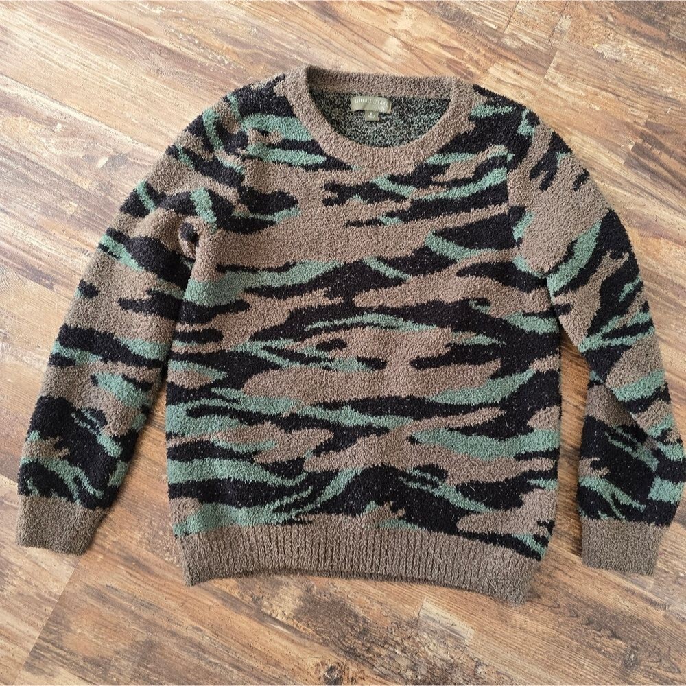 Barefoot Dreams CozyChic Camo Sweater  Soft Crewneck Pullover Green Brown Knit